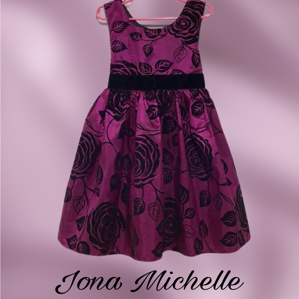 Jona Michelle Flocked Holiday Dress, Purple‎ and Black, Size 5